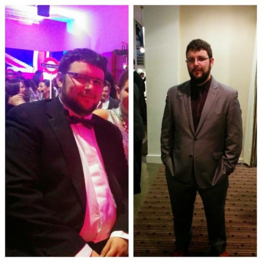 A before and after photo of a 5'9" male showing a weight reduction from 293 pounds to 214 pounds. A respectable loss of 79 pounds.