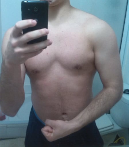 A progress pic of a 5'9" man showing a muscle gain from 130 pounds to 175 pounds. A total gain of 45 pounds.