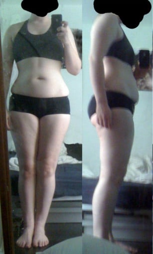 A photo of a 5'6" woman showing a fat loss from 163 pounds to 140 pounds. A net loss of 23 pounds.