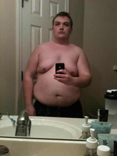 A before and after photo of a 5'7" male showing a weight loss from 305 pounds to 159 pounds. A total loss of 146 pounds.