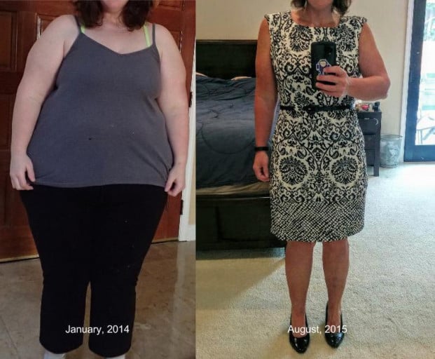 A photo of a 5'4" woman showing a weight cut from 270 pounds to 170 pounds. A total loss of 100 pounds.