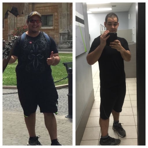 A photo of a 6'1" man showing a weight cut from 374 pounds to 246 pounds. A total loss of 128 pounds.