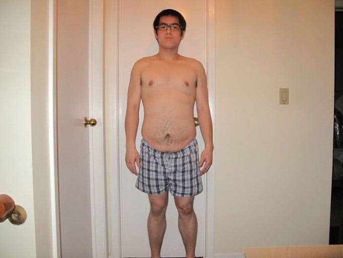 A before and after photo of a 5'9" male showing a snapshot of 185 pounds at a height of 5'9