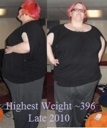 A picture of a 5'7" female showing a weight cut from 396 pounds to 330 pounds. A total loss of 66 pounds.