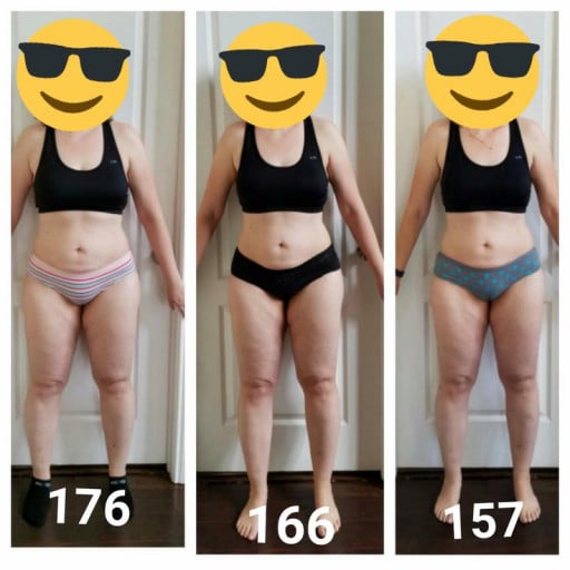 A picture of a 5'6" female showing a fat loss from 176 pounds to 157 pounds. A respectable loss of 19 pounds.