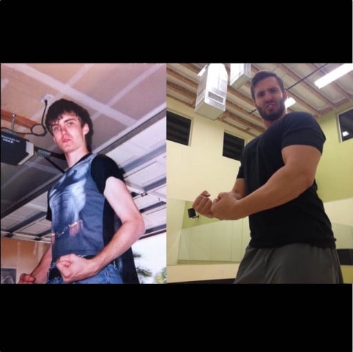 A before and after photo of a 6'0" male showing a weight gain from 130 pounds to 220 pounds. A total gain of 90 pounds.