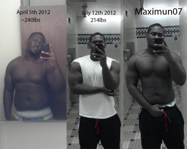 A progress pic of a 5'9" man showing a fat loss from 240 pounds to 215 pounds. A net loss of 25 pounds.