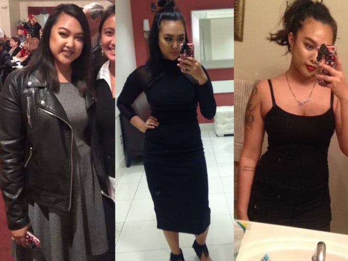A progress pic of a 5'1" woman showing a fat loss from 141 pounds to 125 pounds. A total loss of 16 pounds.