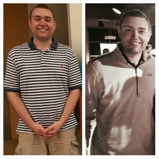 A progress pic of a 6'6" man showing a fat loss from 300 pounds to 250 pounds. A total loss of 50 pounds.