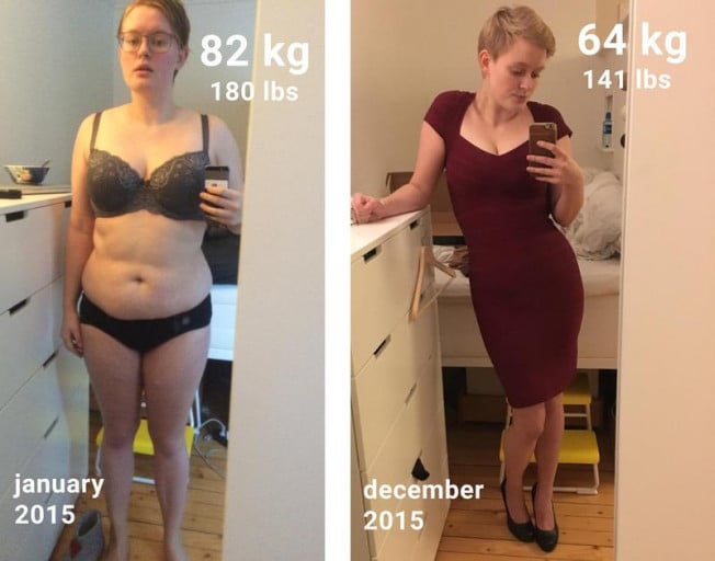 A progress pic of a 5'6" woman showing a fat loss from 180 pounds to 141 pounds. A respectable loss of 39 pounds.