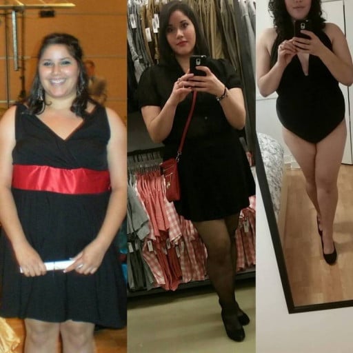 A progress pic of a 5'9" woman showing a fat loss from 300 pounds to 230 pounds. A total loss of 70 pounds.