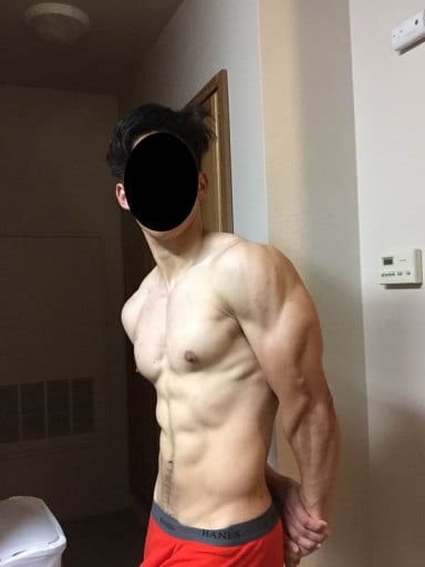 A progress pic of a 5'4" man showing a muscle gain from 120 pounds to 175 pounds. A respectable gain of 55 pounds.