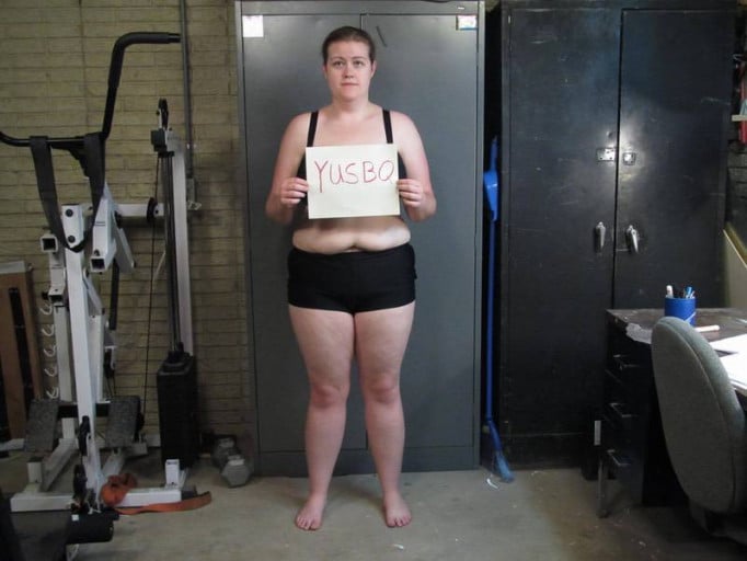 A photo of a 5'7" woman showing a snapshot of 210 pounds at a height of 5'7