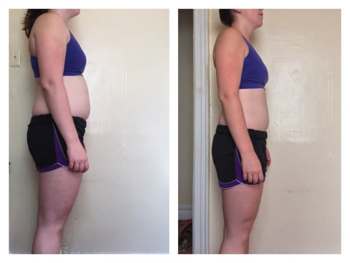 A photo of a 5'10" woman showing a fat loss from 200 pounds to 186 pounds. A net loss of 14 pounds.