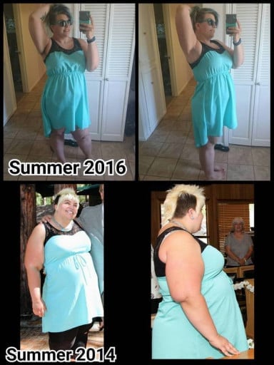 A progress pic of a 5'9" woman showing a fat loss from 351 pounds to 245 pounds. A net loss of 106 pounds.