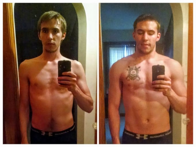 A before and after photo of a 5'10" male showing a weight bulk from 136 pounds to 167 pounds. A total gain of 31 pounds.