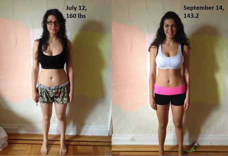 A progress pic of a 5'8" woman showing a fat loss from 160 pounds to 143 pounds. A net loss of 17 pounds.