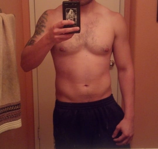 A progress pic of a 5'7" man showing a weight reduction from 165 pounds to 153 pounds. A respectable loss of 12 pounds.