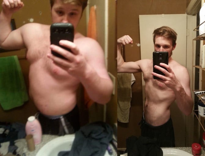 A photo of a 6'0" man showing a weight cut from 260 pounds to 160 pounds. A total loss of 100 pounds.