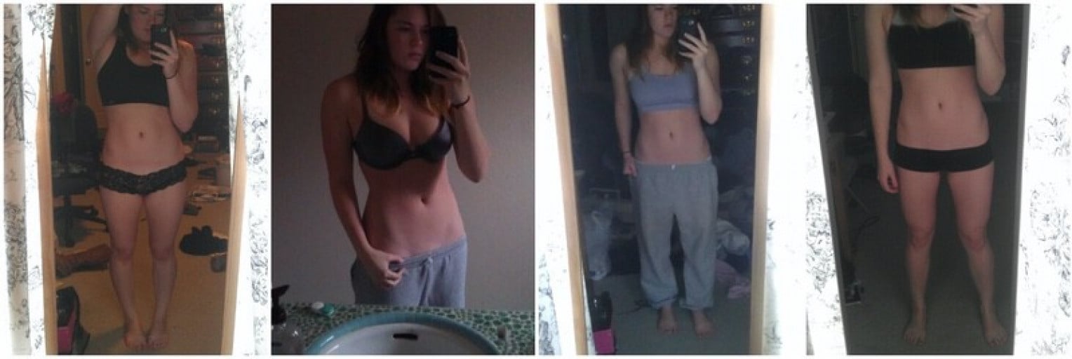 A progress pic of a 5'5" woman showing a weight reduction from 165 pounds to 140 pounds. A respectable loss of 25 pounds.