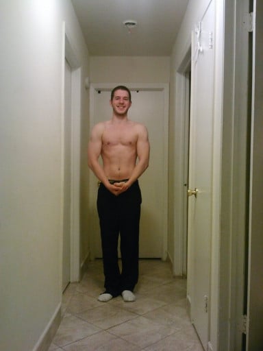 A before and after photo of a 5'11" male showing a weight gain from 135 pounds to 180 pounds. A respectable gain of 45 pounds.