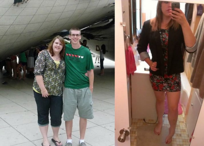 A before and after photo of a 5'9" female showing a weight reduction from 288 pounds to 176 pounds. A net loss of 112 pounds.