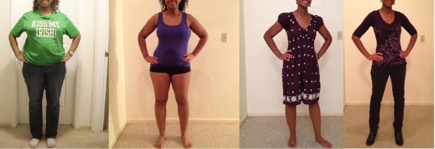 A photo of a 5'4" woman showing a weight cut from 167 pounds to 123 pounds. A total loss of 44 pounds.