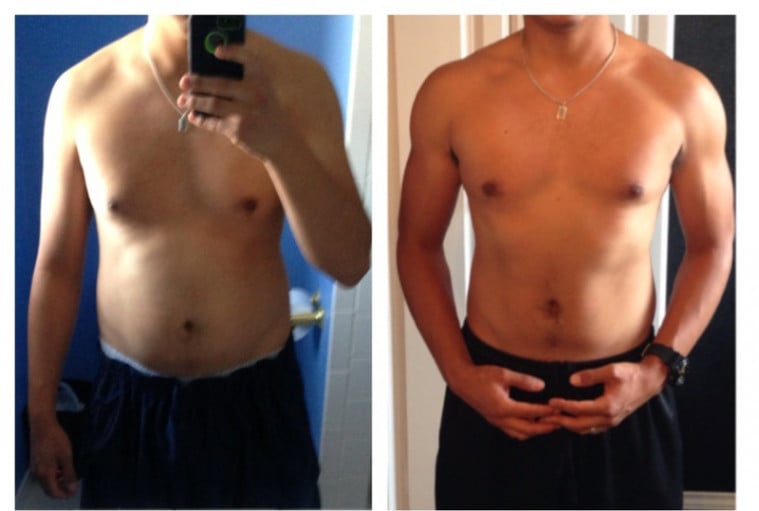 A progress pic of a 5'9" man showing a weight gain from 153 pounds to 160 pounds. A respectable gain of 7 pounds.
