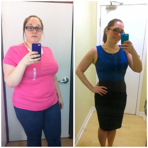 A progress pic of a 5'6" woman showing a fat loss from 246 pounds to 169 pounds. A respectable loss of 77 pounds.
