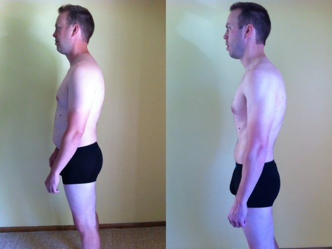 A before and after photo of a 6'2" male showing a snapshot of 185 pounds at a height of 6'2