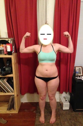 A before and after photo of a 5'6" female showing a weight cut from 161 pounds to 147 pounds. A respectable loss of 14 pounds.