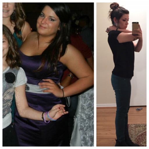 A progress pic of a 5'5" woman showing a fat loss from 210 pounds to 150 pounds. A net loss of 60 pounds.