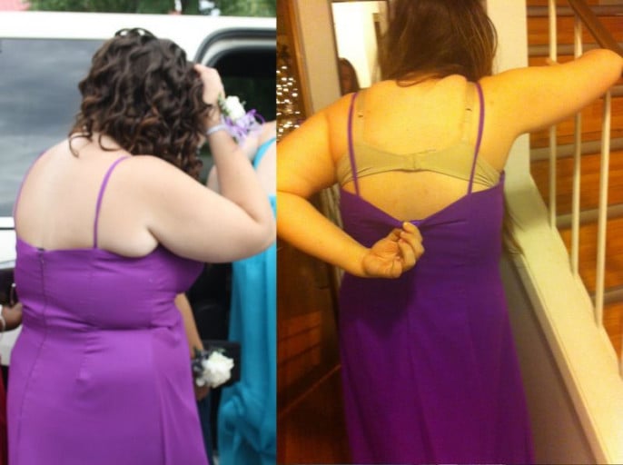 A before and after photo of a 5'4" female showing a weight loss from 225 pounds to 180 pounds. A net loss of 45 pounds.