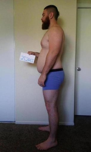 A before and after photo of a 5'8" male showing a snapshot of 217 pounds at a height of 5'8