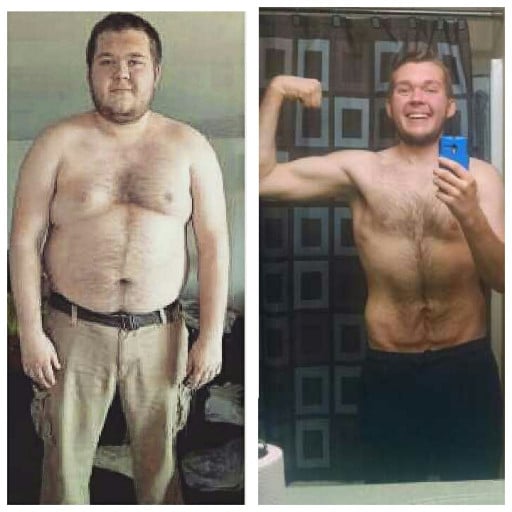 A photo of a 5'11" man showing a weight cut from 293 pounds to 183 pounds. A net loss of 110 pounds.