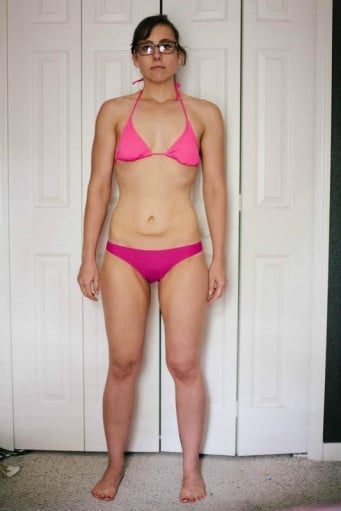 A before and after photo of a 5'6" female showing a snapshot of 124 pounds at a height of 5'6