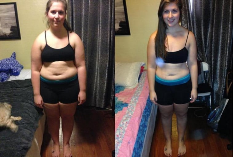 A progress pic of a 5'8" woman showing a weight cut from 250 pounds to 200 pounds. A total loss of 50 pounds.
