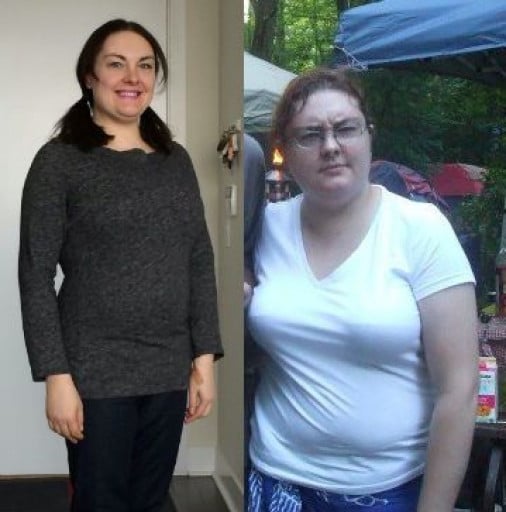 A progress pic of a 5'4" woman showing a fat loss from 192 pounds to 157 pounds. A net loss of 35 pounds.