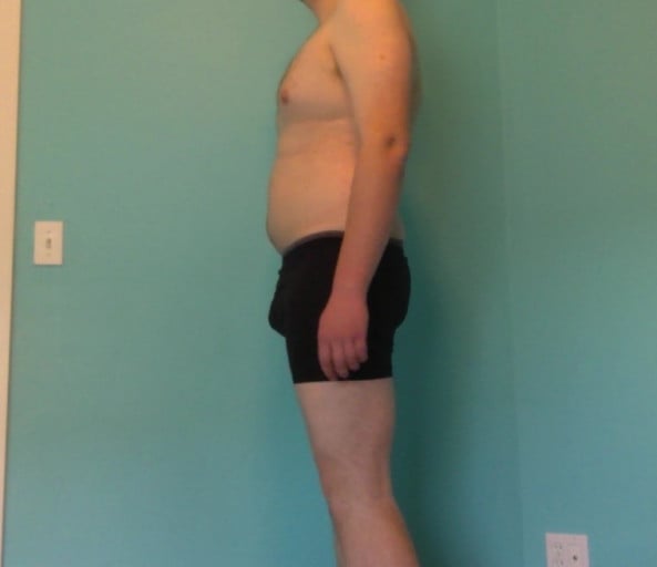 A before and after photo of a 6'5" male showing a snapshot of 248 pounds at a height of 6'5