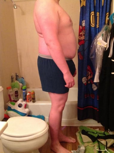 A before and after photo of a 6'2" male showing a snapshot of 305 pounds at a height of 6'2