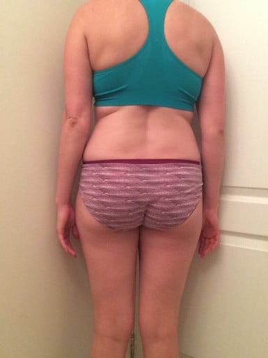 A before and after photo of a 5'4" female showing a snapshot of 140 pounds at a height of 5'4