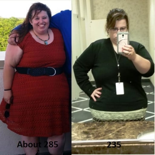 A progress pic of a 4'11" woman showing a fat loss from 285 pounds to 235 pounds. A respectable loss of 50 pounds.