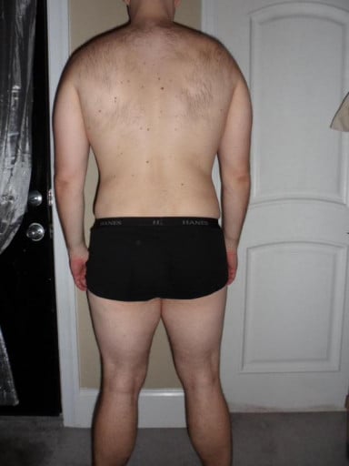 A before and after photo of a 6'1" male showing a snapshot of 210 pounds at a height of 6'1