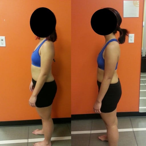 A before and after photo of a 5'2" female showing a weight loss from 151 pounds to 135 pounds. A total loss of 16 pounds.