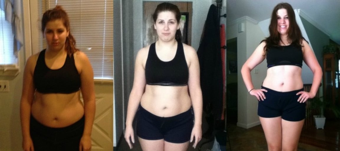 A picture of a 5'4" female showing a fat loss from 168 pounds to 155 pounds. A total loss of 13 pounds.
