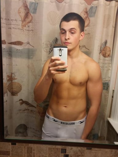 A picture of a 5'11" male showing a weight gain from 140 pounds to 180 pounds. A total gain of 40 pounds.
