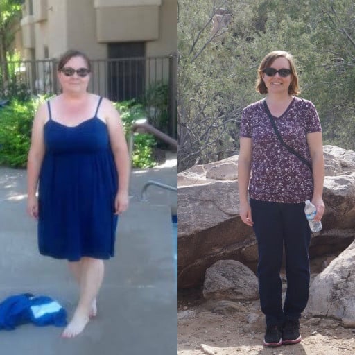 A before and after photo of a 5'4" female showing a weight reduction from 297 pounds to 164 pounds. A respectable loss of 133 pounds.