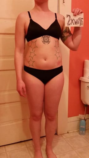 A before and after photo of a 5'5" female showing a snapshot of 147 pounds at a height of 5'5