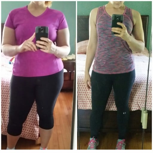 A before and after photo of a 5'9" female showing a weight reduction from 230 pounds to 175 pounds. A total loss of 55 pounds.