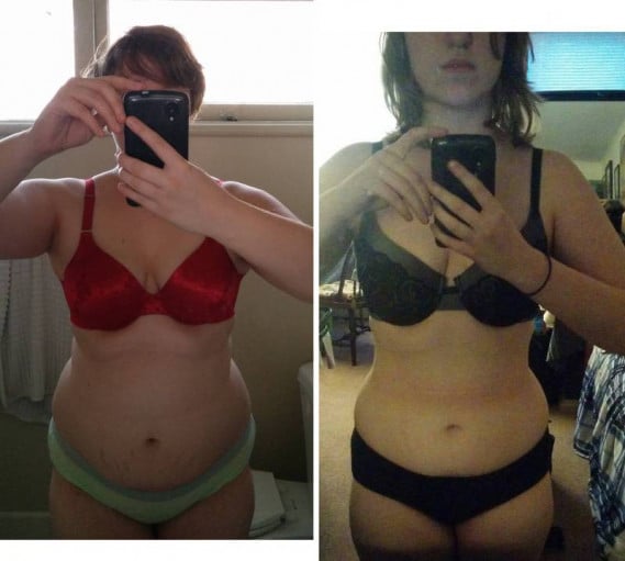 A progress pic of a 5'9" woman showing a weight reduction from 198 pounds to 157 pounds. A total loss of 41 pounds.
